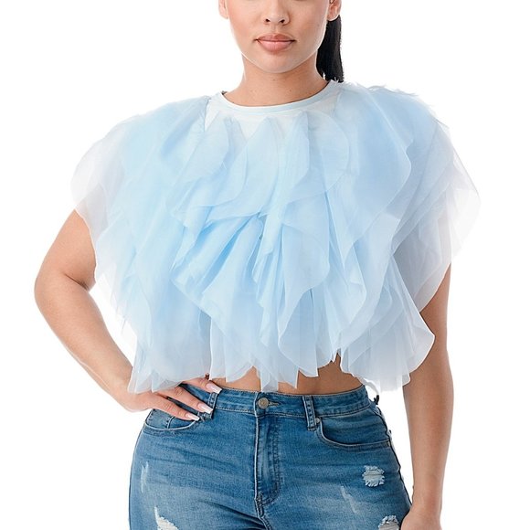 COPY - Sheer Chiffon Ruffled Top Baby Blue Medium - Picture 2 of 3